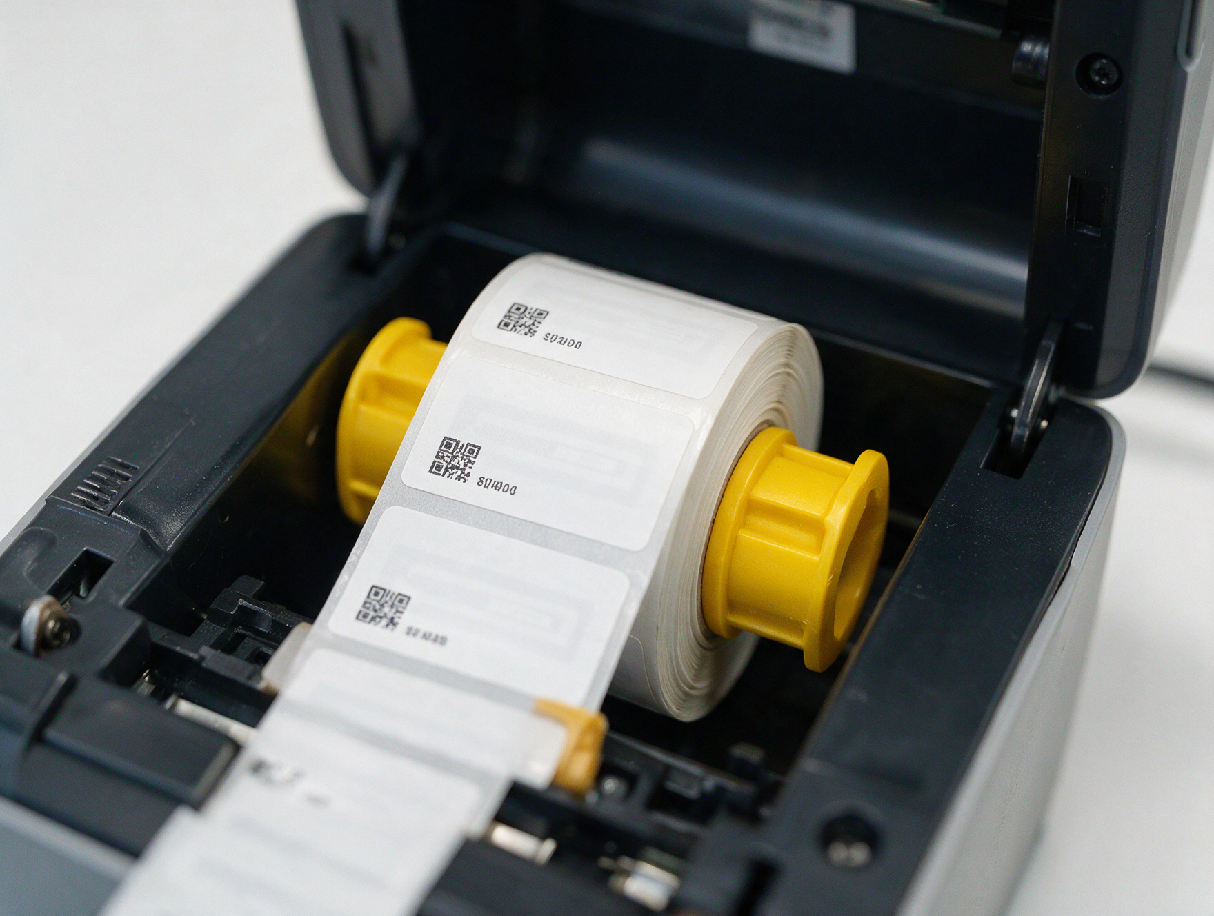Rouleau d'étiquettes monté sur adaptateurs de mandrin dans une imprimante RFID de bureau